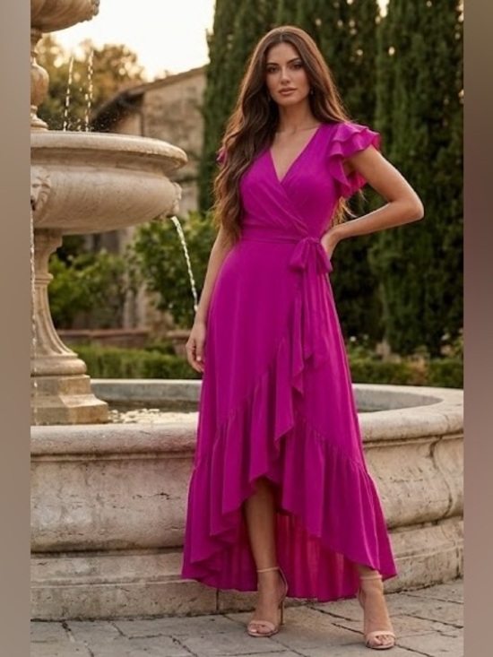 New Collection Dresses & Skirts - Italian Flutter-Sleeve Wrap Maxi Dress in Fuchsia